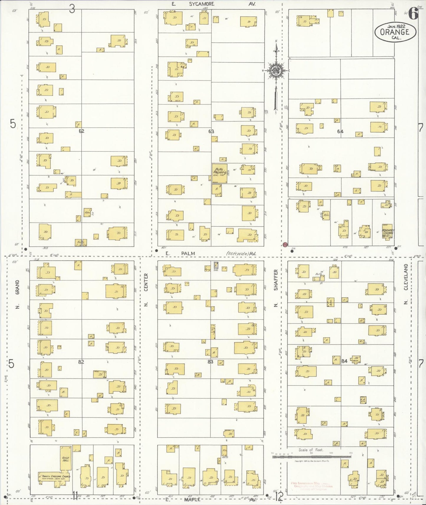 Sanborn Fire Insurance Map from Orange, Orange County, California (1922), Sheet #0006 - Complete Map Set gallery image, historic Sanborn map, vintage wall art, California California