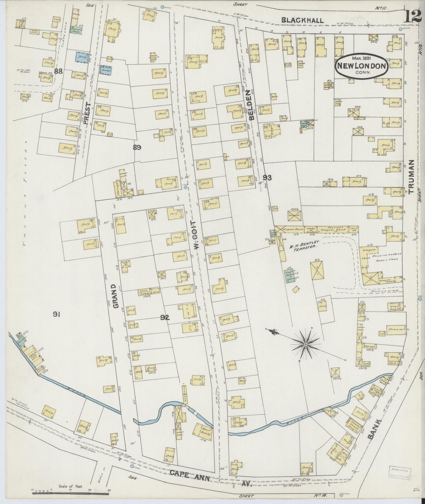 Sanborn Fire Insurance Map from New London, New London County, Connecticut (1891), Sheet #0012 - Complete Map Set gallery image, historic Sanborn map, vintage wall art, Connecticut Connecticut