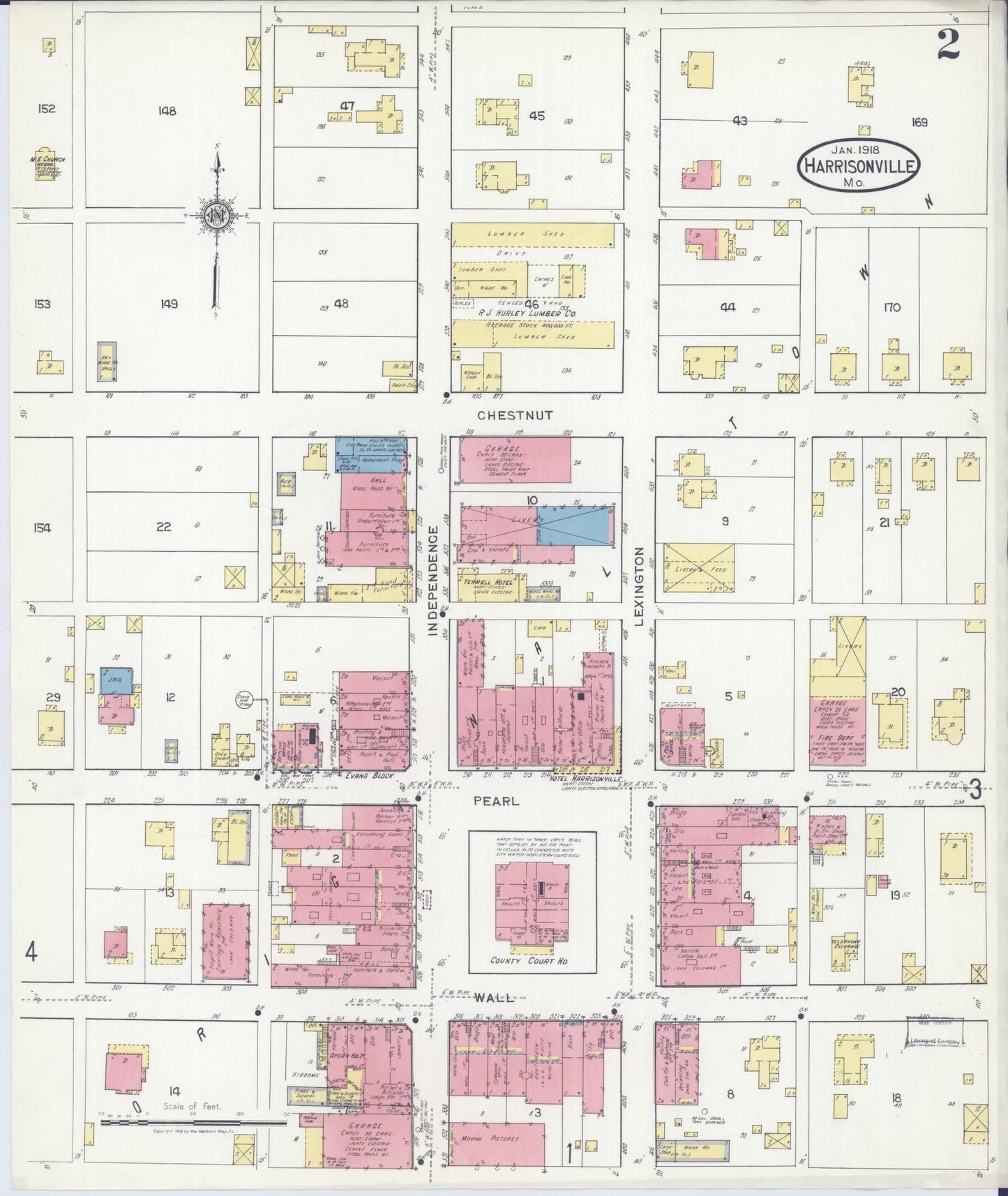 Sanborn Fire Insurance Map from Harrisonville, Cass County, Missouri (1918), Sheet #0002 - Historic Sanborn Fire Insurance Map Print, vintage old map wall art, antique decor, genealogy gift, Missouri Missouri map