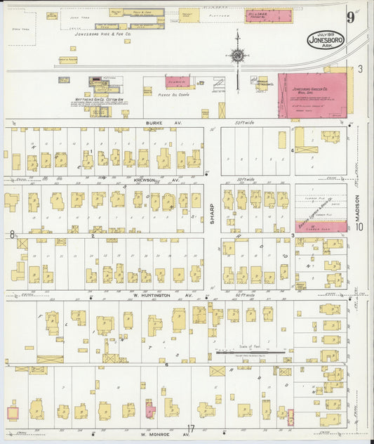 Sanborn Fire Insurance Map from Jonesboro, Craighead County, Arkansas (1919), Sheet #0009 - Historic Sanborn Fire Insurance Map Print, vintage old map wall art, antique decor, genealogy gift, Arkansas Arkansas map