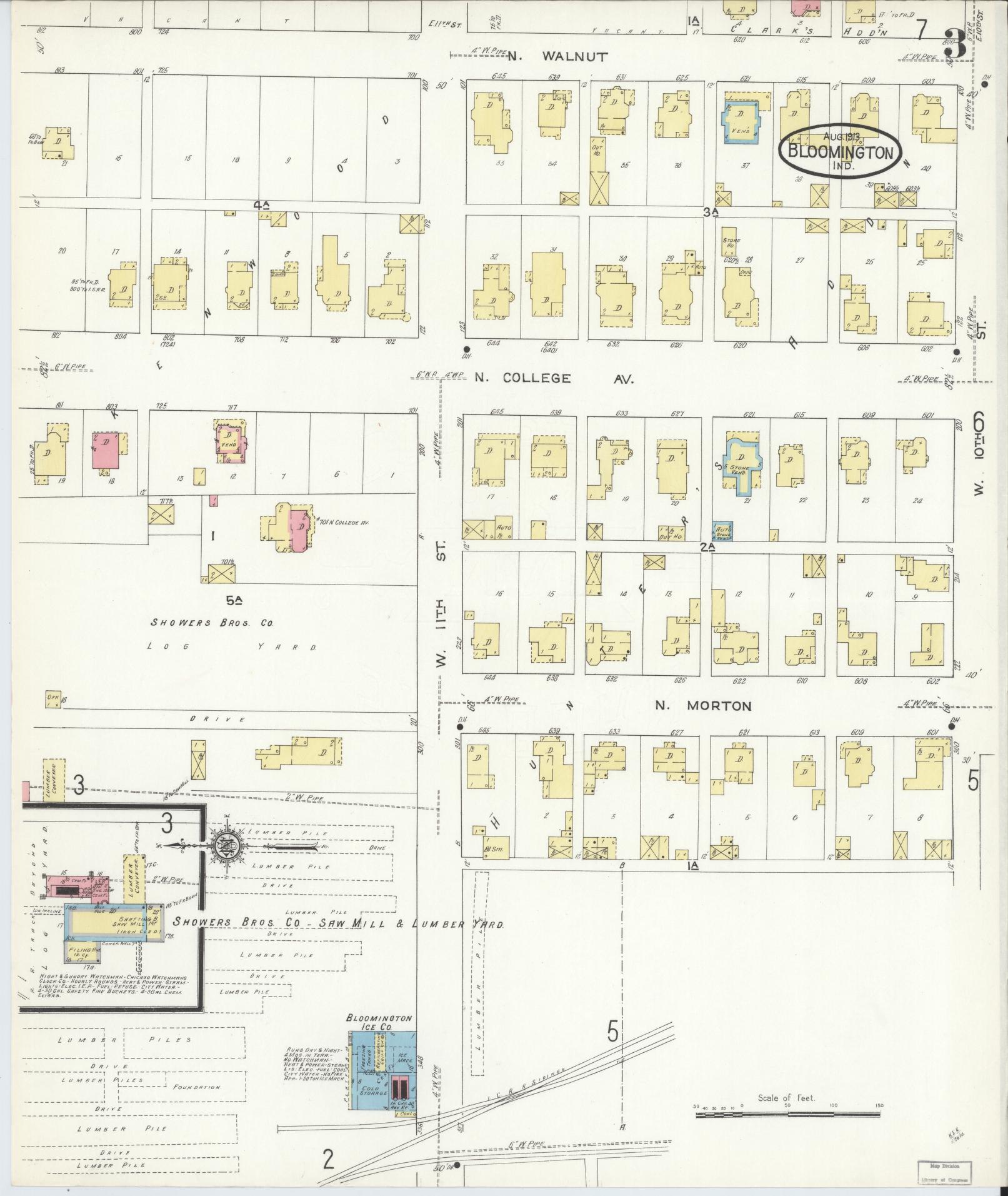 Sanborn Fire Insurance Map from Bloomington, Monroe County, Indiana (1913), Sheet #0003 - Historic Sanborn Fire Insurance Map Print, vintage old map wall art, antique decor, genealogy gift, Indiana Indiana map