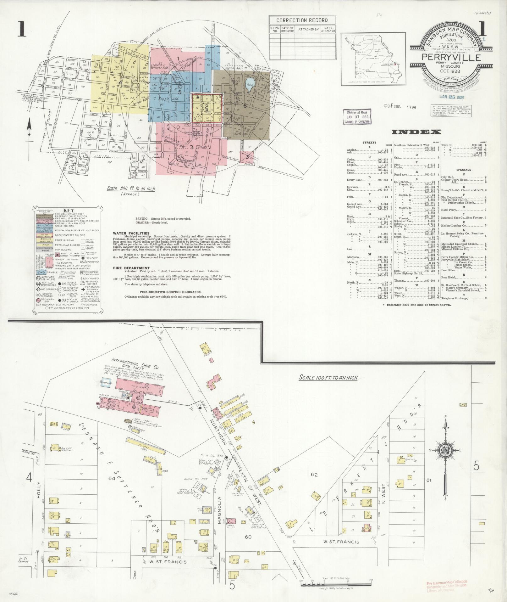 Sanborn Fire Insurance Map from Perryville, Perry County, Missouri (1938), Sheet #0001 - Complete Map Set gallery image, historic Sanborn map, vintage wall art, Missouri Missouri