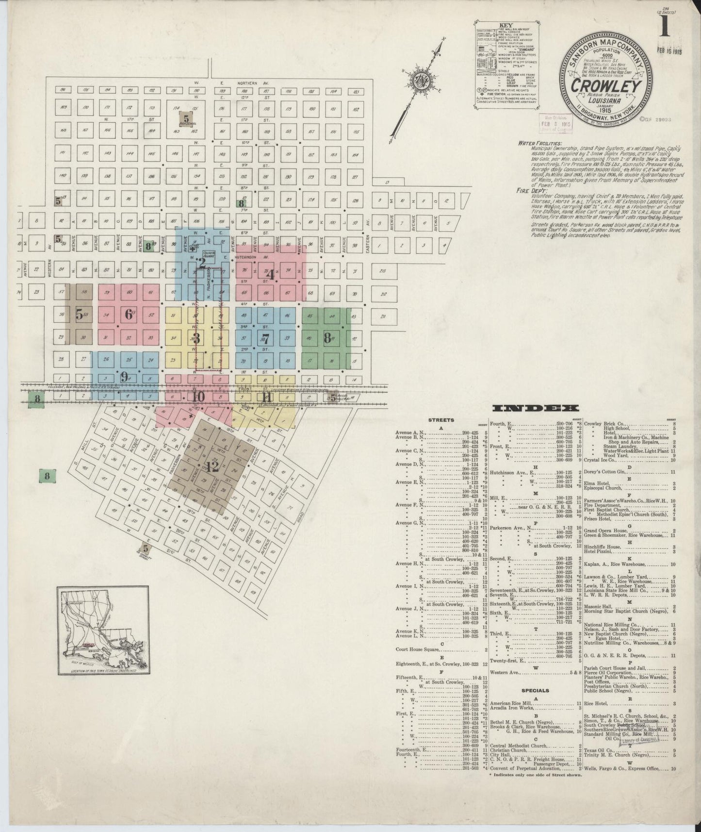 Sanborn Fire Insurance Map from Crowley, Acadia Parish, Louisiana (1915), Sheet #0001 - Complete Map Set gallery image, historic Sanborn map, vintage wall art, Louisiana Louisiana