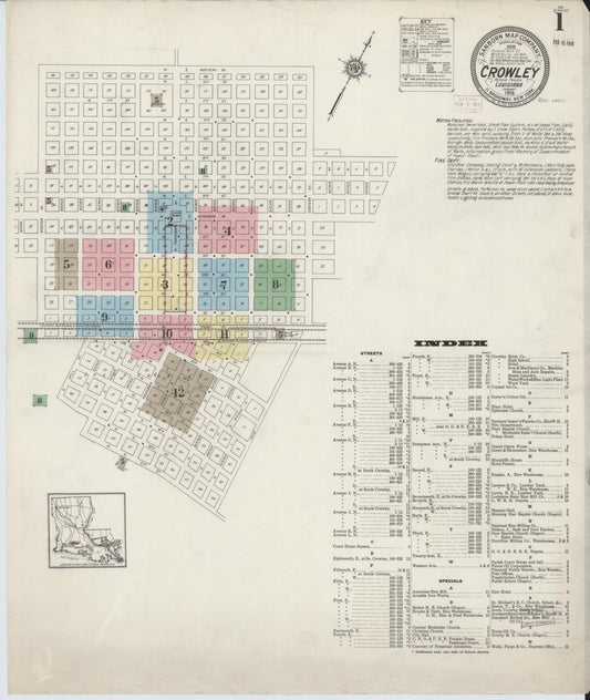 Sanborn Fire Insurance Map from Crowley, Acadia Parish, Louisiana (1915), Sheet #0001 - Complete Map Set gallery image, historic Sanborn map, vintage wall art, Louisiana Louisiana