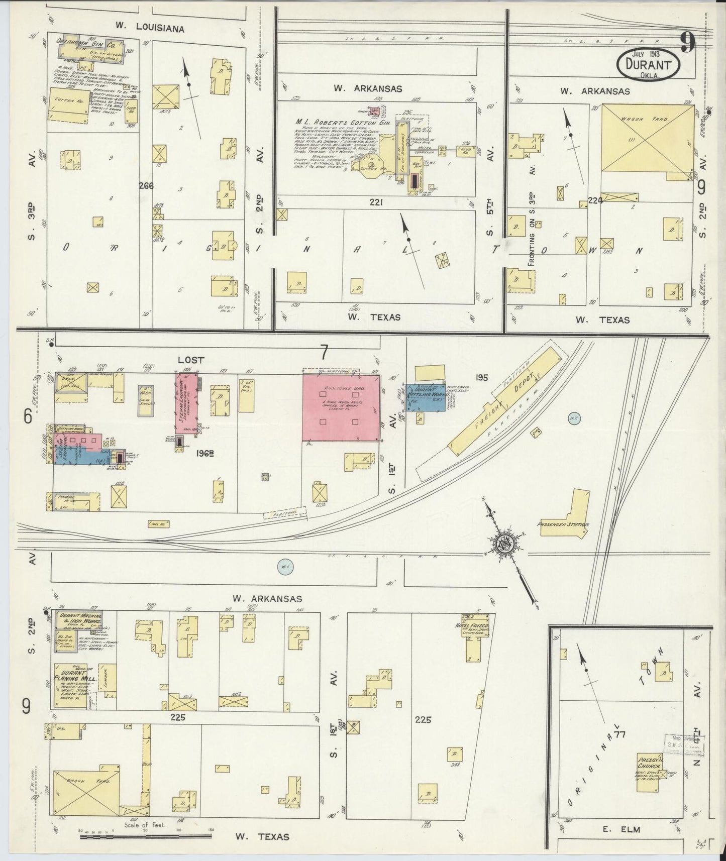 Sanborn Fire Insurance Map from Durant, Bryan County, Oklahoma (1913), Sheet #0009 - Complete Map Set gallery image, historic Sanborn map, vintage wall art, Oklahoma Oklahoma