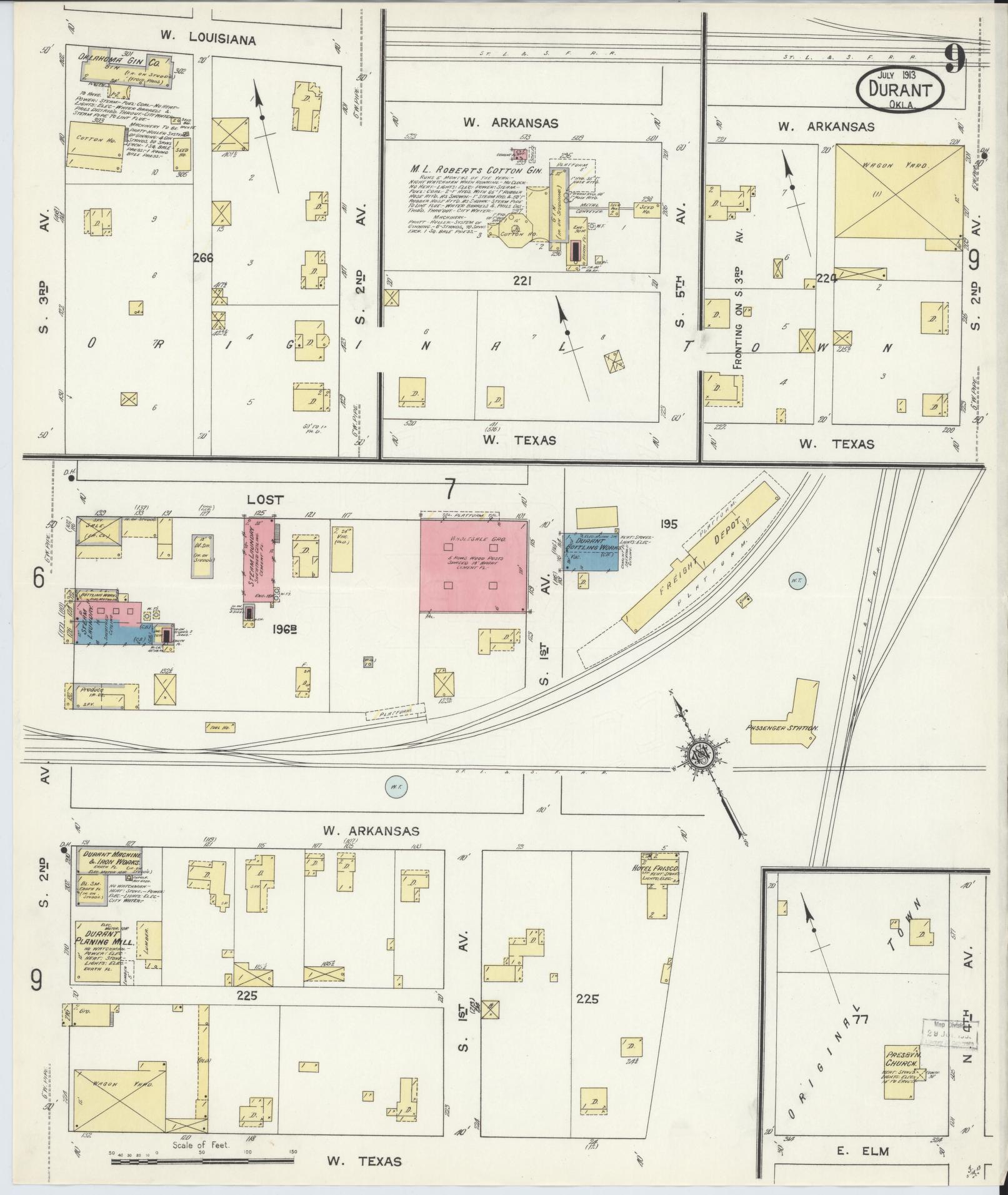 Sanborn Fire Insurance Map from Durant, Bryan County, Oklahoma (1913), Sheet #0009 - Complete Map Set gallery image, historic Sanborn map, vintage wall art, Oklahoma Oklahoma