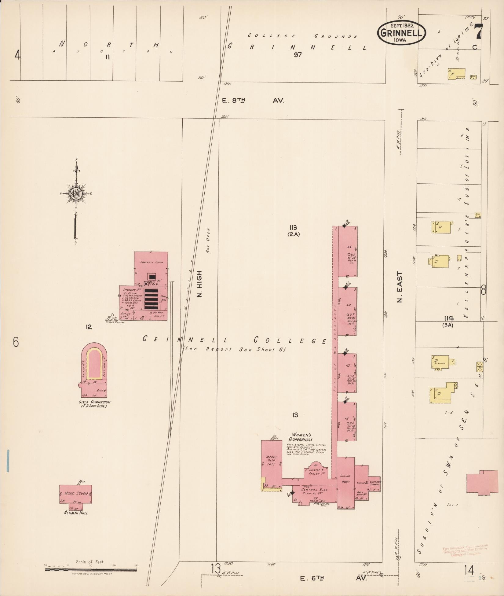 Sanborn Fire Insurance Map from Grinnell, Poweshiek County, Iowa (1922), Sheet #0007 - Historic Sanborn Fire Insurance Map Print, vintage old map wall art