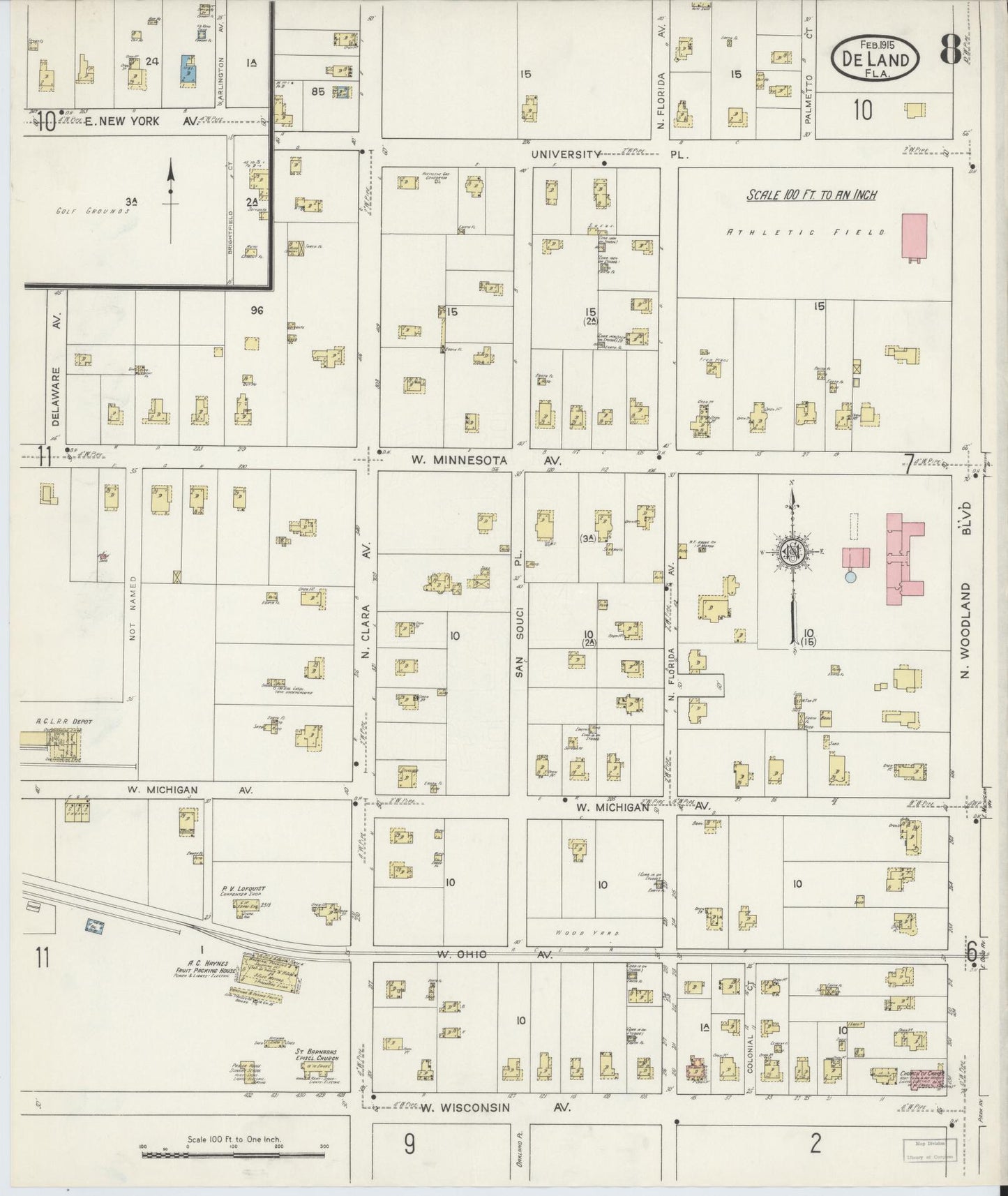 Sanborn Fire Insurance Map from De Land, Volusia County, Florida (1915), Sheet #0008 - Complete Map Set gallery image, historic Sanborn map, vintage wall art, Florida Florida