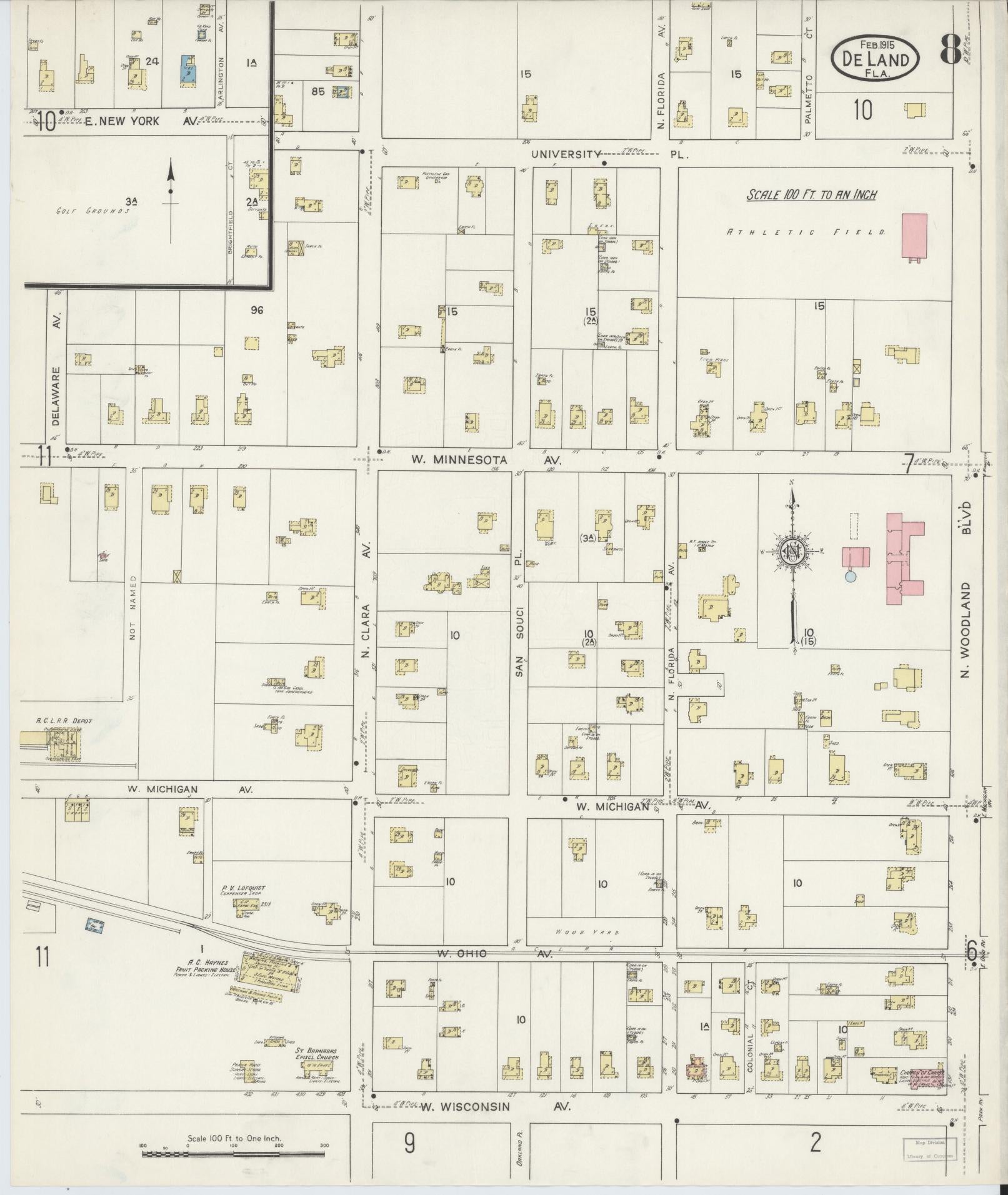 Sanborn Fire Insurance Map from De Land, Volusia County, Florida (1915), Sheet #0008 - Complete Map Set gallery image, historic Sanborn map, vintage wall art, Florida Florida