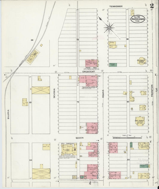 Sanborn Fire Insurance Map from Harriman, Roane County, Tennessee (1906), Sheet #0002 - Historic Sanborn Fire Insurance Map Print, vintage old map wall art, antique decor, genealogy gift, Tennessee Tennessee map