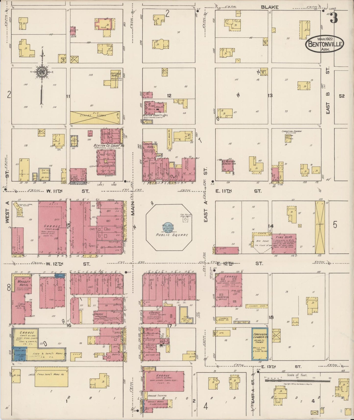 Sanborn Fire Insurance Map from Bentonville, Benton County, Arkansas (1922), Sheet #0003 - Historic Sanborn Fire Insurance Map Print, vintage old map wall art, antique decor, genealogy gift, Arkansas Arkansas map