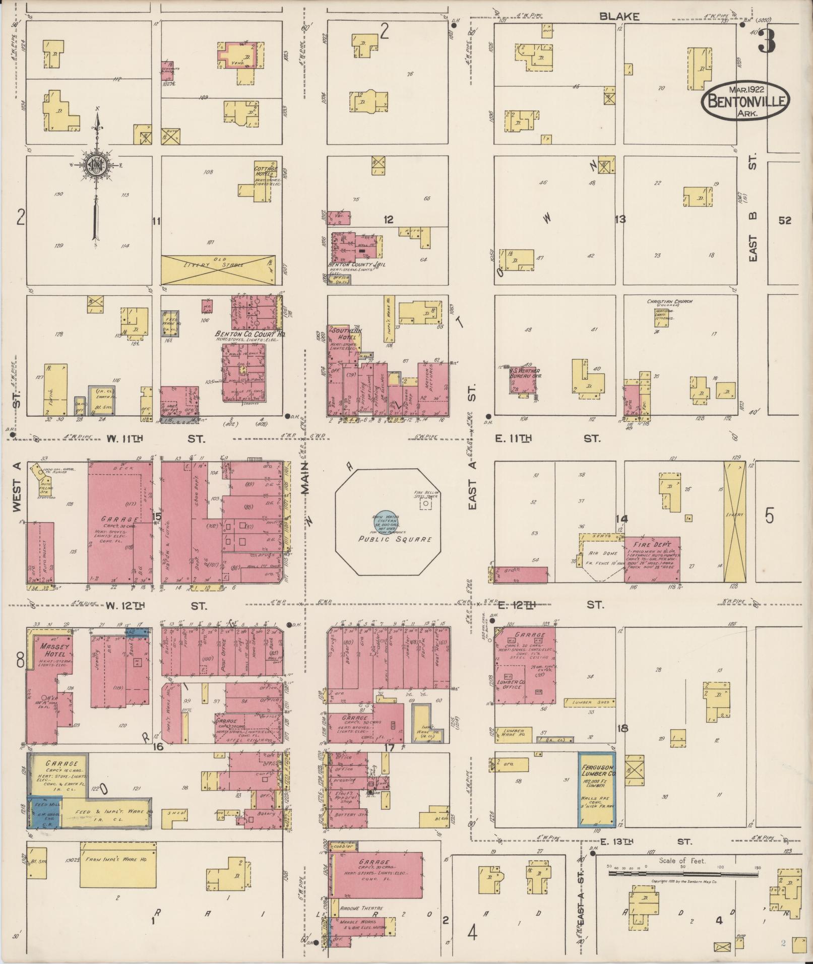 Sanborn Fire Insurance Map from Bentonville, Benton County, Arkansas (1922), Sheet #0003 - Historic Sanborn Fire Insurance Map Print, vintage old map wall art, antique decor, genealogy gift, Arkansas Arkansas map
