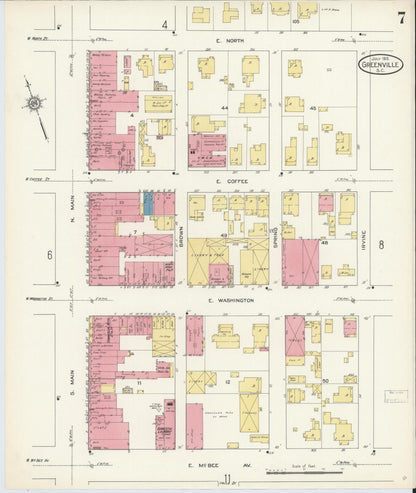 Sanborn Fire Insurance Map from Greenville, Greenville County, South Carolina (1913), Sheet #0007 - Complete Map Set gallery image, historic Sanborn map, vintage wall art, South Carolina South Carolina