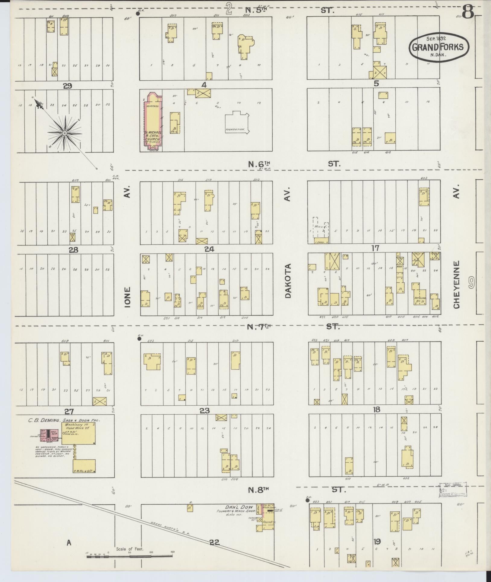 Sanborn Fire Insurance Map from Grand Forks, Grand Forks County, North Dakota (1892), Sheet #0008 - Complete Map Set gallery image, historic Sanborn map, vintage wall art, North Dakota North Dakota