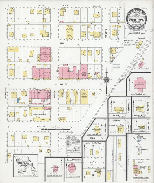 Sanborn Fire Insurance Map from Armstrong, Howard County, Missouri (1928), Sheet #0001 - Historic Sanborn Fire Insurance Map Print, vintage old map wall art, antique decor, genealogy gift, Missouri Missouri map