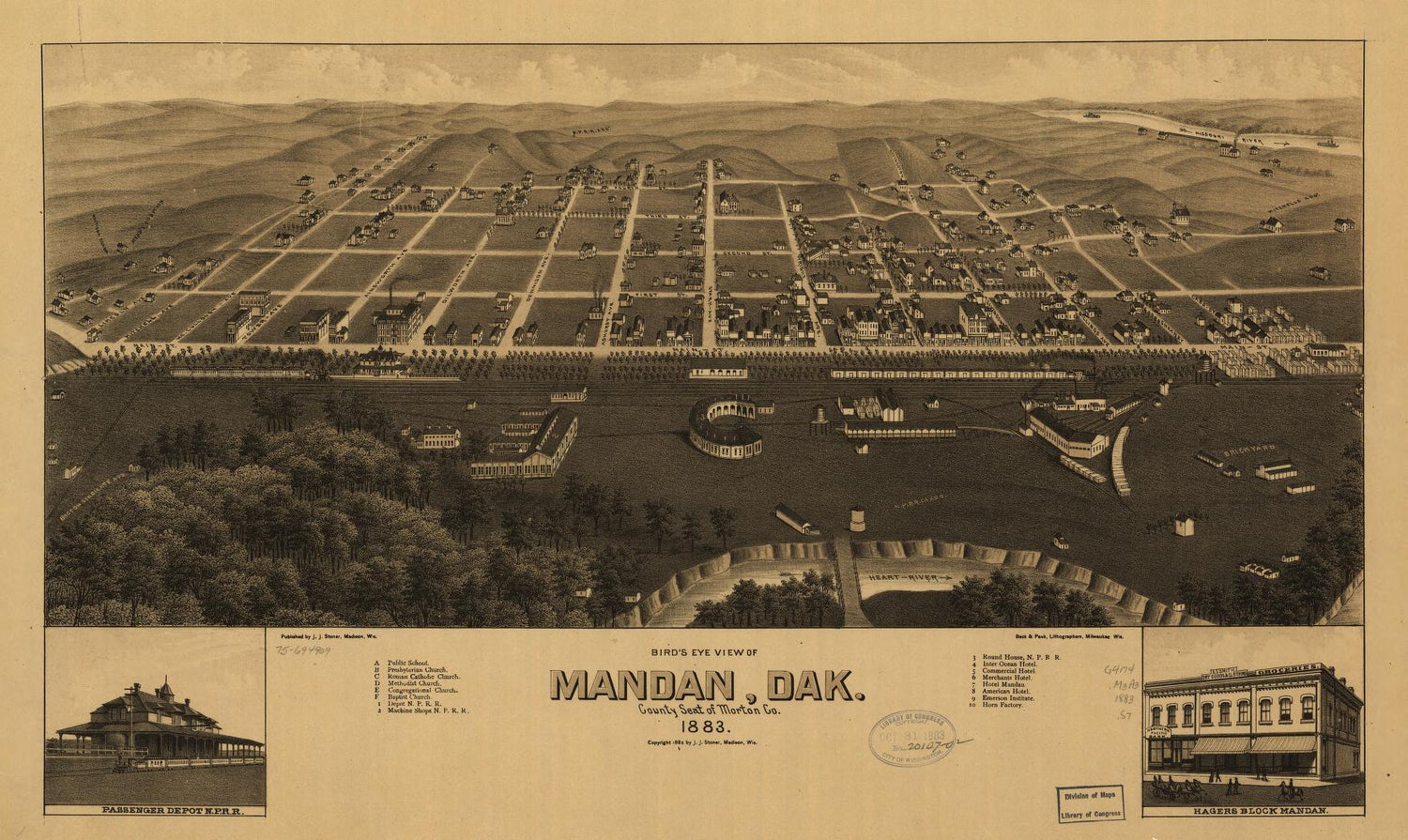 Bird's eye view of Mandan, Dak., county seat of Morton Co. 1883. (1883) – Historic Bird’s-Eye View Panorama Print