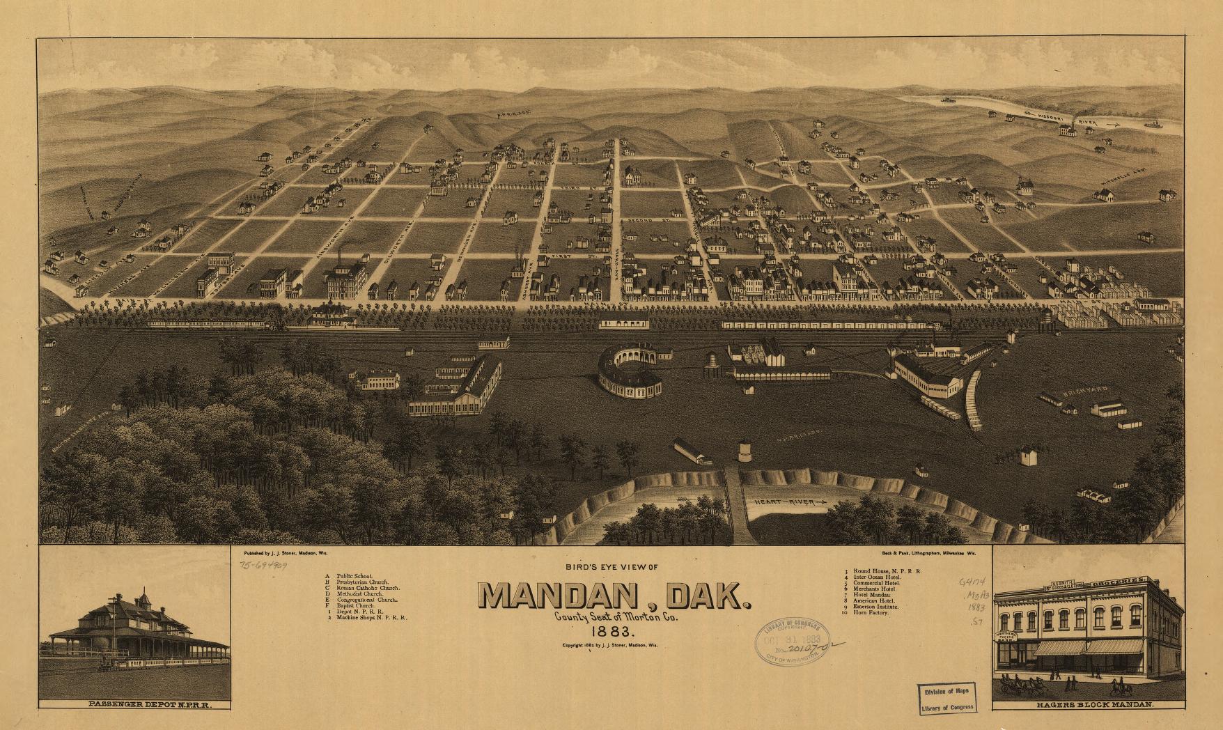 Bird's eye view of Mandan, Dak., county seat of Morton Co. 1883. (1883) – Historic Bird’s-Eye View Panorama Print