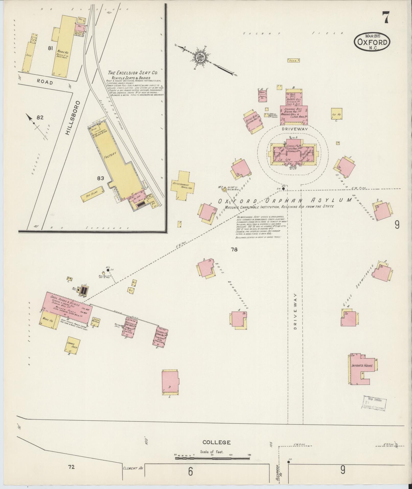 Sanborn Fire Insurance Map from Oxford, Granville County, North Carolina (1915), Sheet #0007 - Historic Sanborn Fire Insurance Map Print, vintage old map wall art, antique decor, genealogy gift, North Carolina North Carolina map