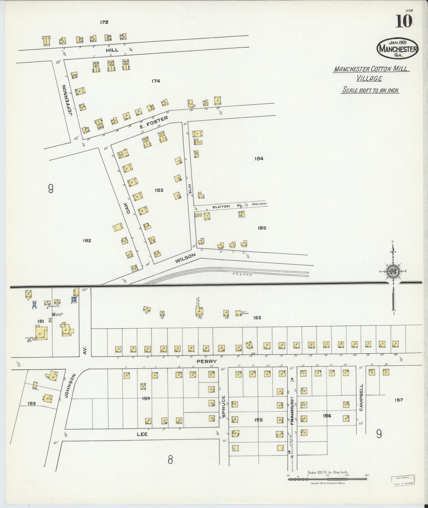 Sanborn Fire Insurance Map from Manchester, Meriweather County, Georgia (1921), Sheet #0010 - Historic Sanborn Fire Insurance Map Print, vintage old map wall art, antique decor, genealogy gift, Georgia Georgia map