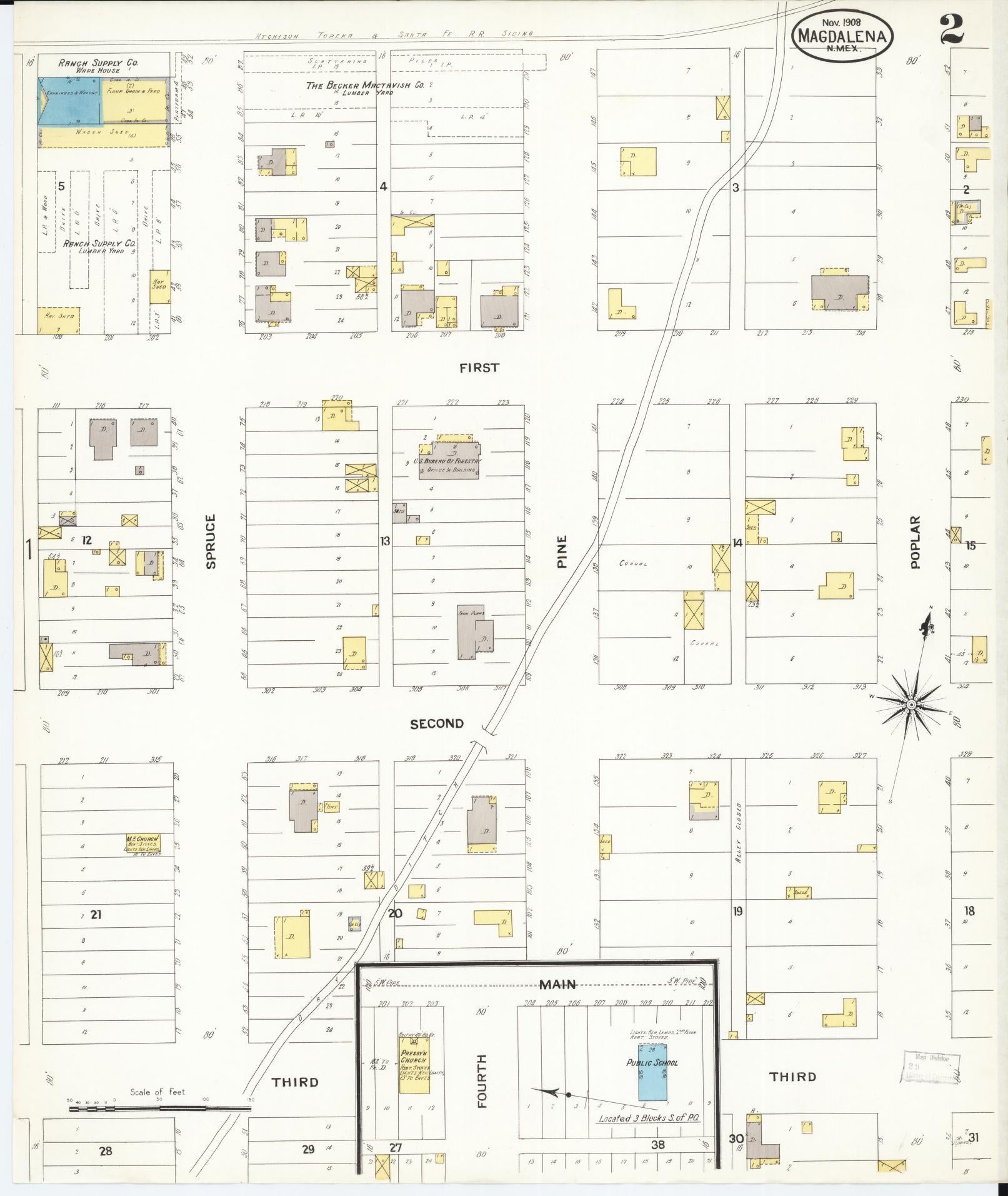 Sanborn Fire Insurance Map from Magdalena, Socorro County, New Mexico (1908), Sheet #0002 - Historic Sanborn Fire Insurance Map Print, vintage old map wall art, antique decor, genealogy gift, New Mexico New Mexico map