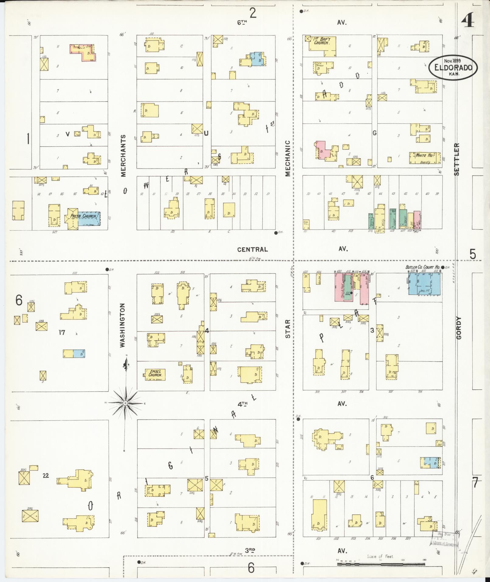 Sanborn Fire Insurance Map from El Dorado, Butler County, Kansas (1899), Sheet #0004 - Historic Sanborn Fire Insurance Map Print, vintage old map wall art, antique decor, genealogy gift, Kansas Kansas map