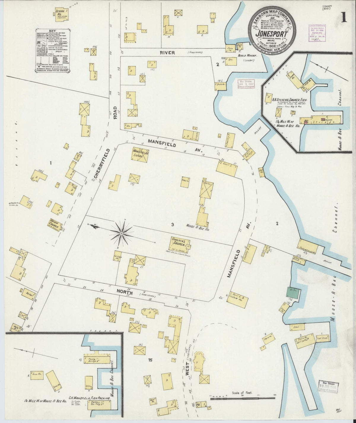 Sanborn Fire Insurance Map from Jonesport, Washington County, Maine (1906), Sheet #0001 - Complete Map Set gallery image, historic Sanborn map, vintage wall art, Maine Maine