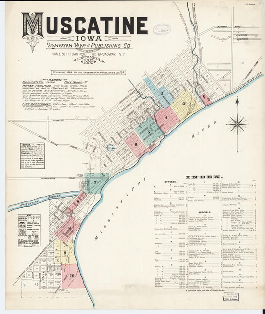 Sanborn Fire Insurance Map from Muscatine, Muscatine County, Iowa (1883), Sheet #0001 - Historic Sanborn Fire Insurance Map Print, vintage old map wall art