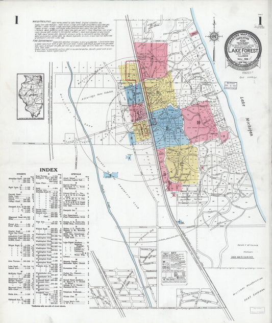 Sanborn Fire Insurance Map from Lake Forest, Lake County, Illinois (1926), Sheet #0001 - Historic Sanborn Fire Insurance Map Print, vintage old map wall art, antique decor, genealogy gift, Illinois Illinois map