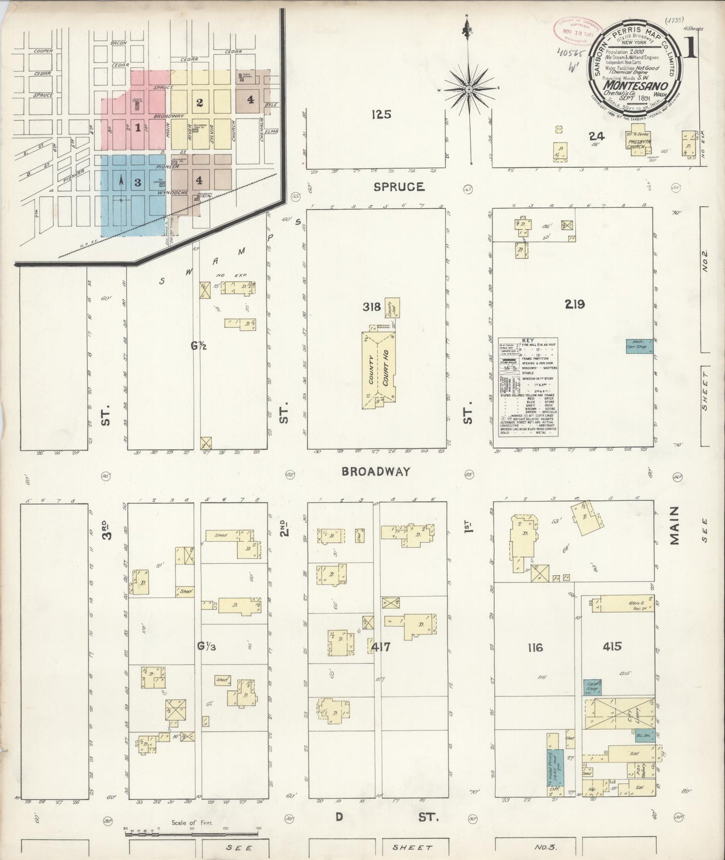 Sanborn Fire Insurance Map from Montesano, Grays Harbor County, Washington (1891), Sheet #0001 - Complete Map Set gallery image, historic Sanborn map, vintage wall art, Washington Washington