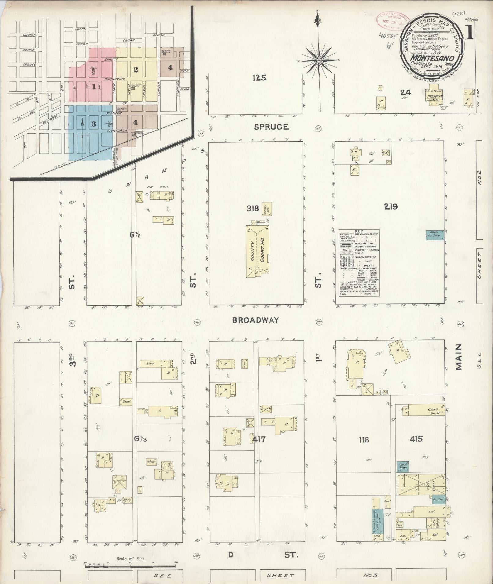 Sanborn Fire Insurance Map from Montesano, Grays Harbor County, Washington (1891), Sheet #0001 - Complete Map Set gallery image, historic Sanborn map, vintage wall art, Washington Washington