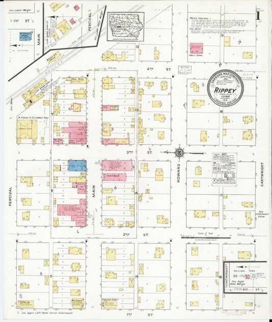 Sanborn Fire Insurance Map from Rippey, Greene County, Iowa (1918), Sheet #0001 - Historic Sanborn Fire Insurance Map Print, vintage old map wall art