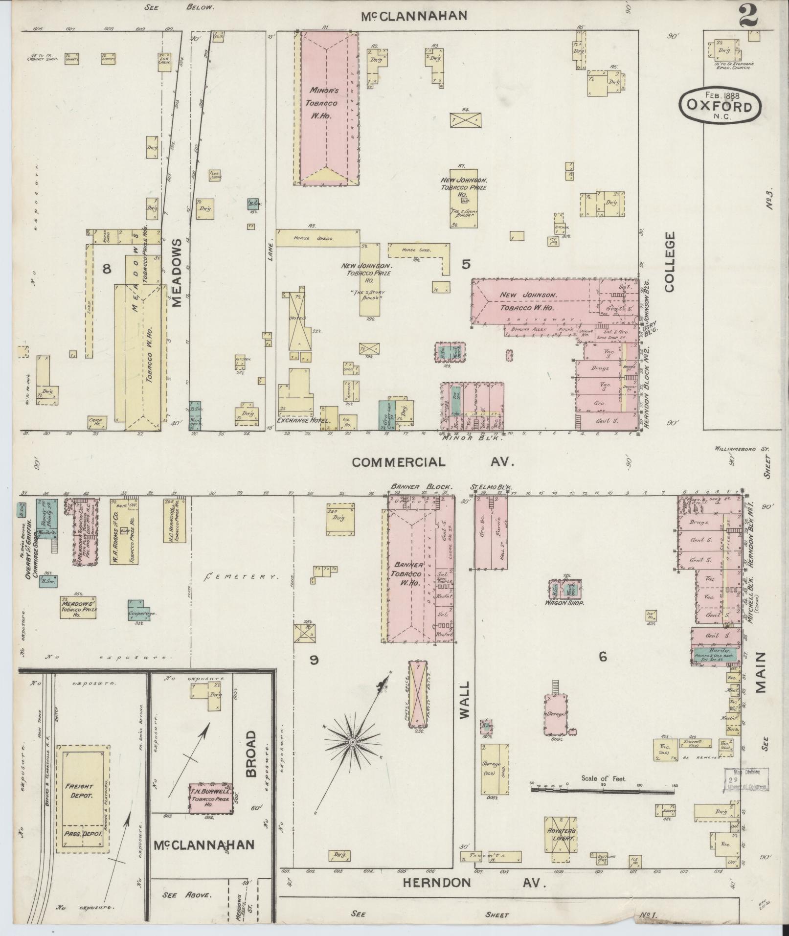 Sanborn Fire Insurance Map from Oxford, Granville County, North Carolina (1888), Sheet #0002 - Historic Sanborn Fire Insurance Map Print, vintage old map wall art, antique decor, genealogy gift, North Carolina North Carolina map