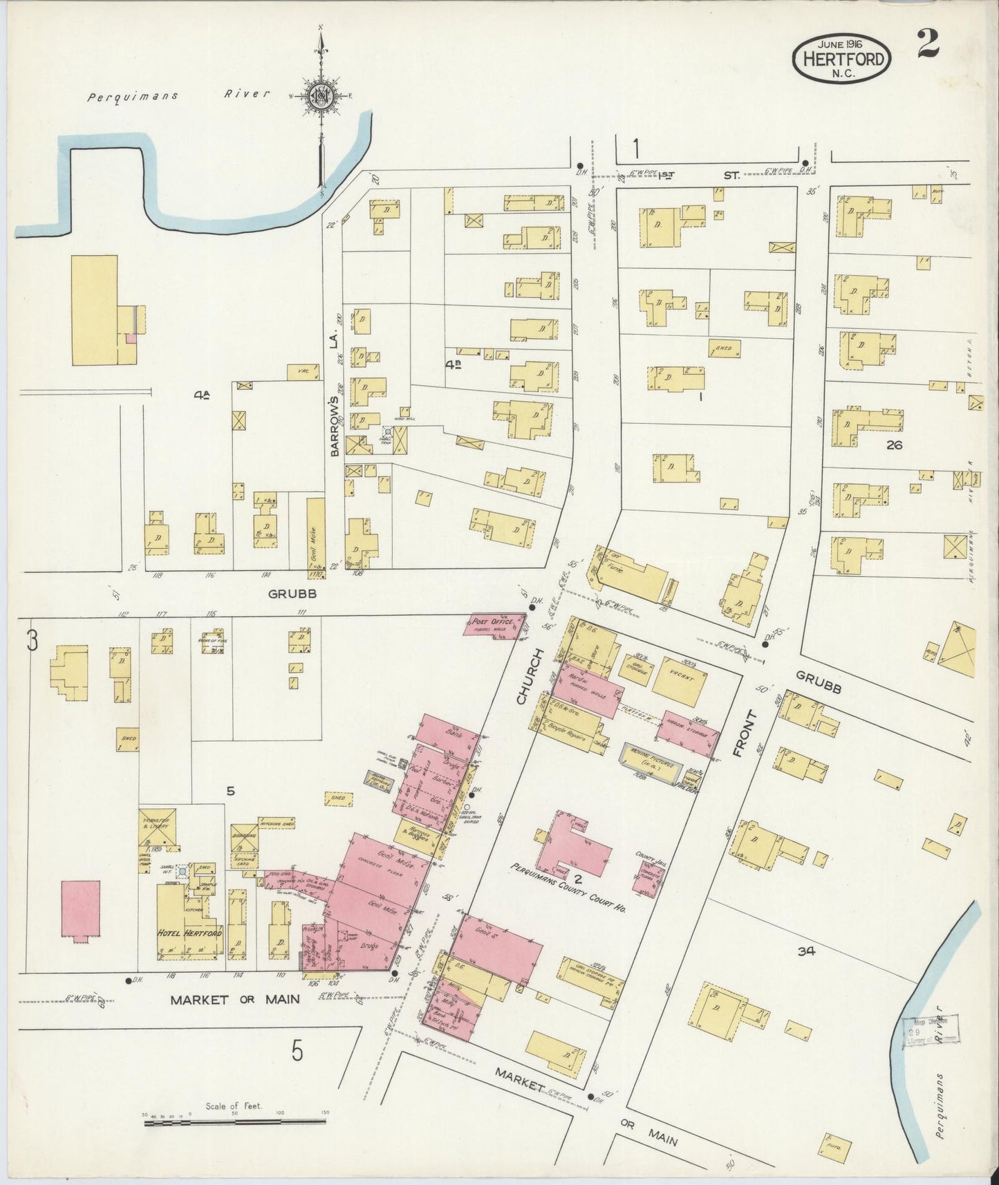Sanborn Fire Insurance Map from Hertford, Perquimans County, North Carolina (1916), Sheet #0002 - Complete Map Set gallery image, historic Sanborn map, vintage wall art, North Carolina North Carolina
