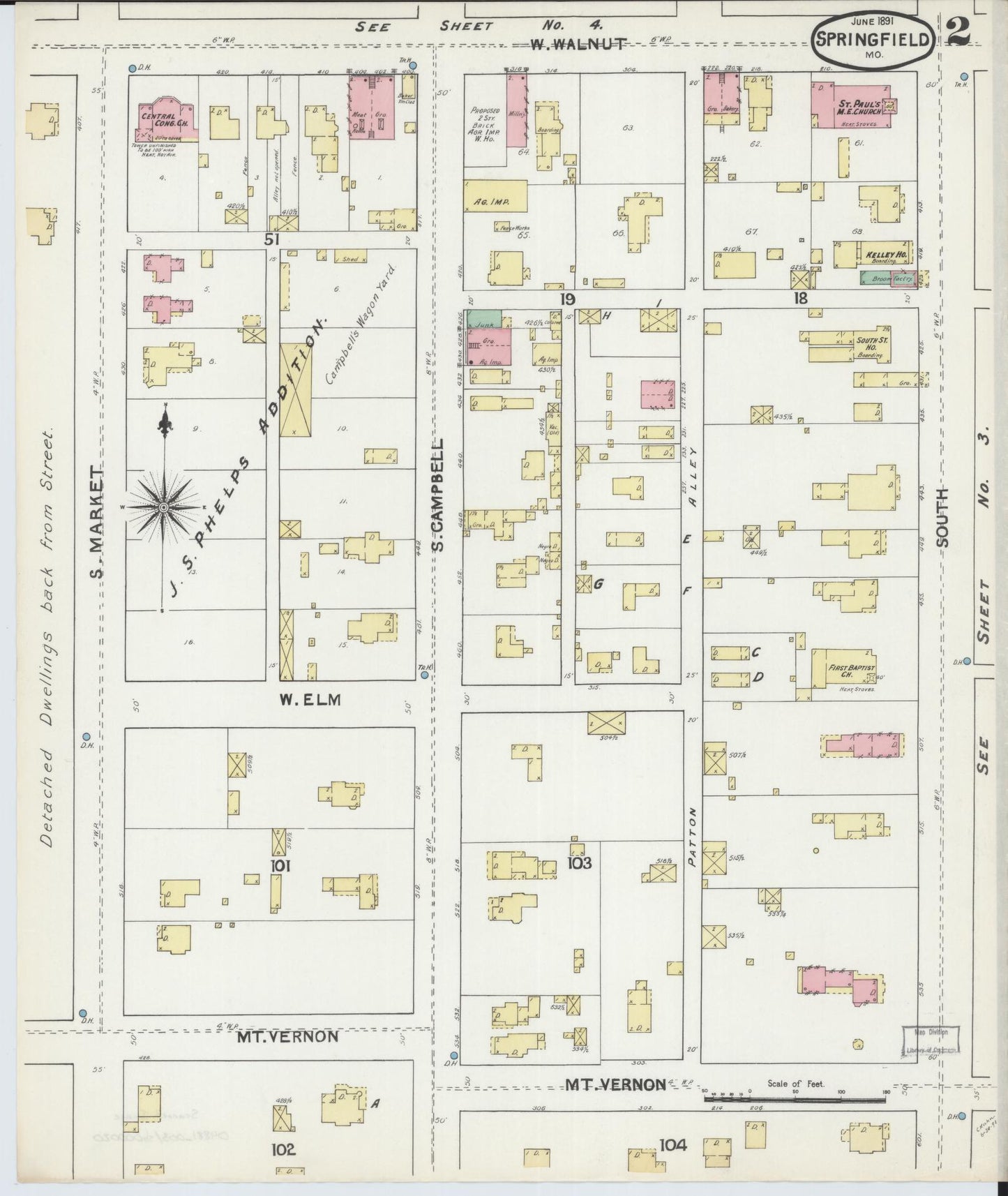 Sanborn Fire Insurance Map from Springfield, Greene County, Missouri (1891), Sheet #0002 - Historic Sanborn Fire Insurance Map Print, vintage old map wall art, antique decor, genealogy gift, Missouri Missouri map