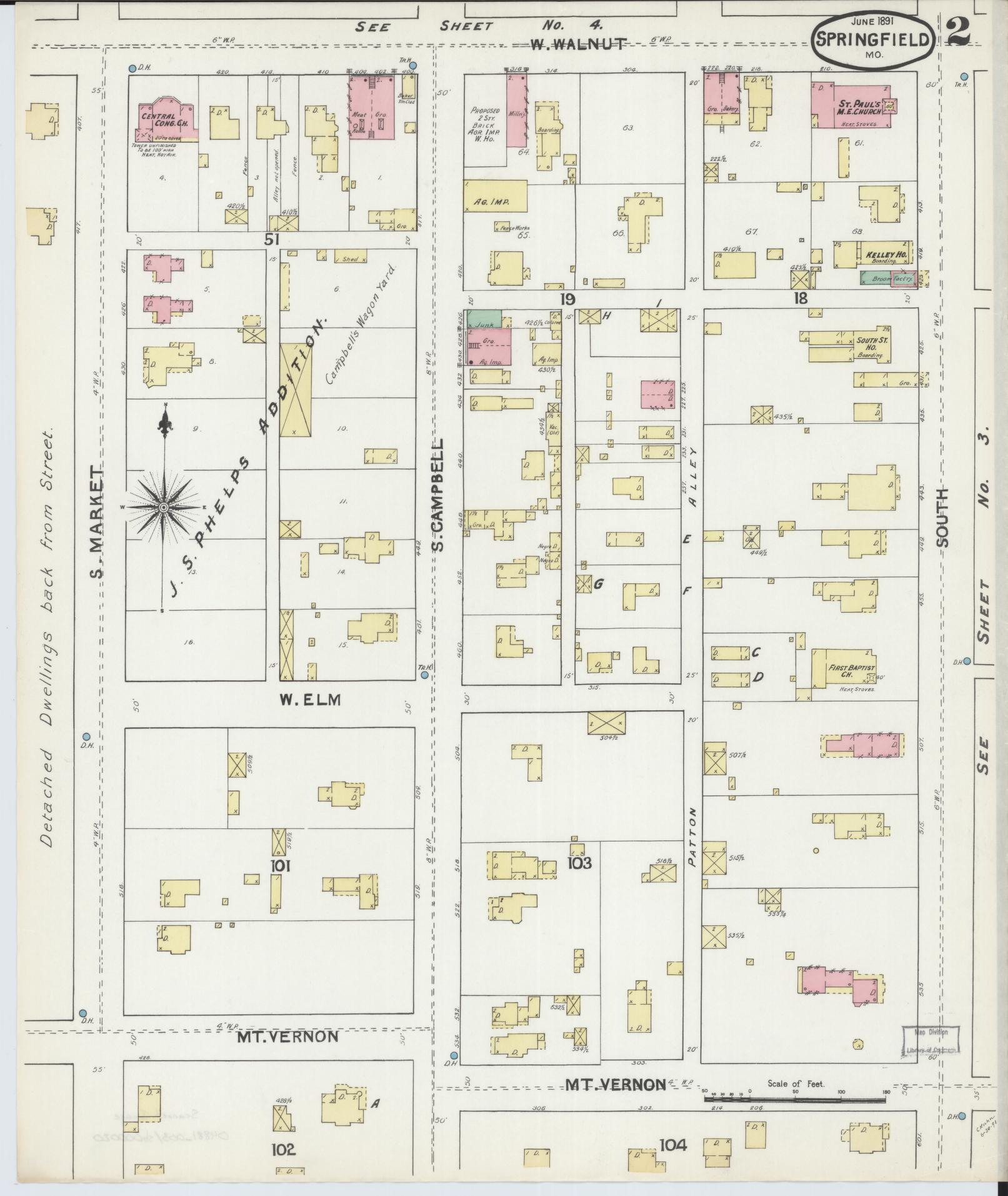 Sanborn Fire Insurance Map from Springfield, Greene County, Missouri (1891), Sheet #0002 - Historic Sanborn Fire Insurance Map Print, vintage old map wall art, antique decor, genealogy gift, Missouri Missouri map