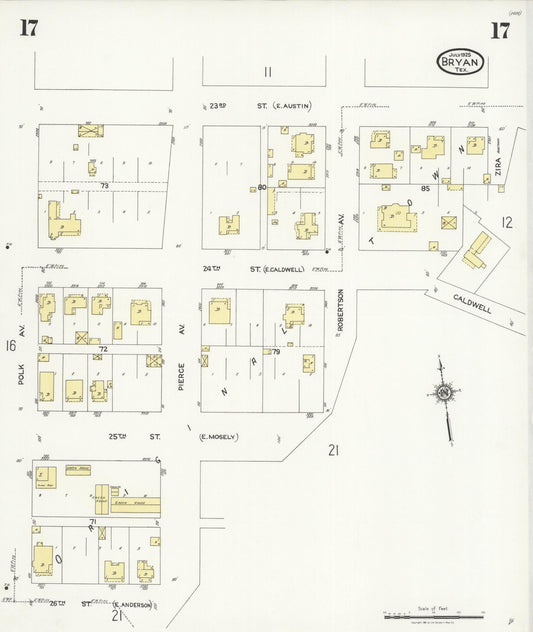 Sanborn Fire Insurance Map from Bryan, Brazos County, Texas (1925), Sheet #0017 - Historic Sanborn Fire Insurance Map Print, vintage old map wall art, antique decor, genealogy gift, Texas Texas map
