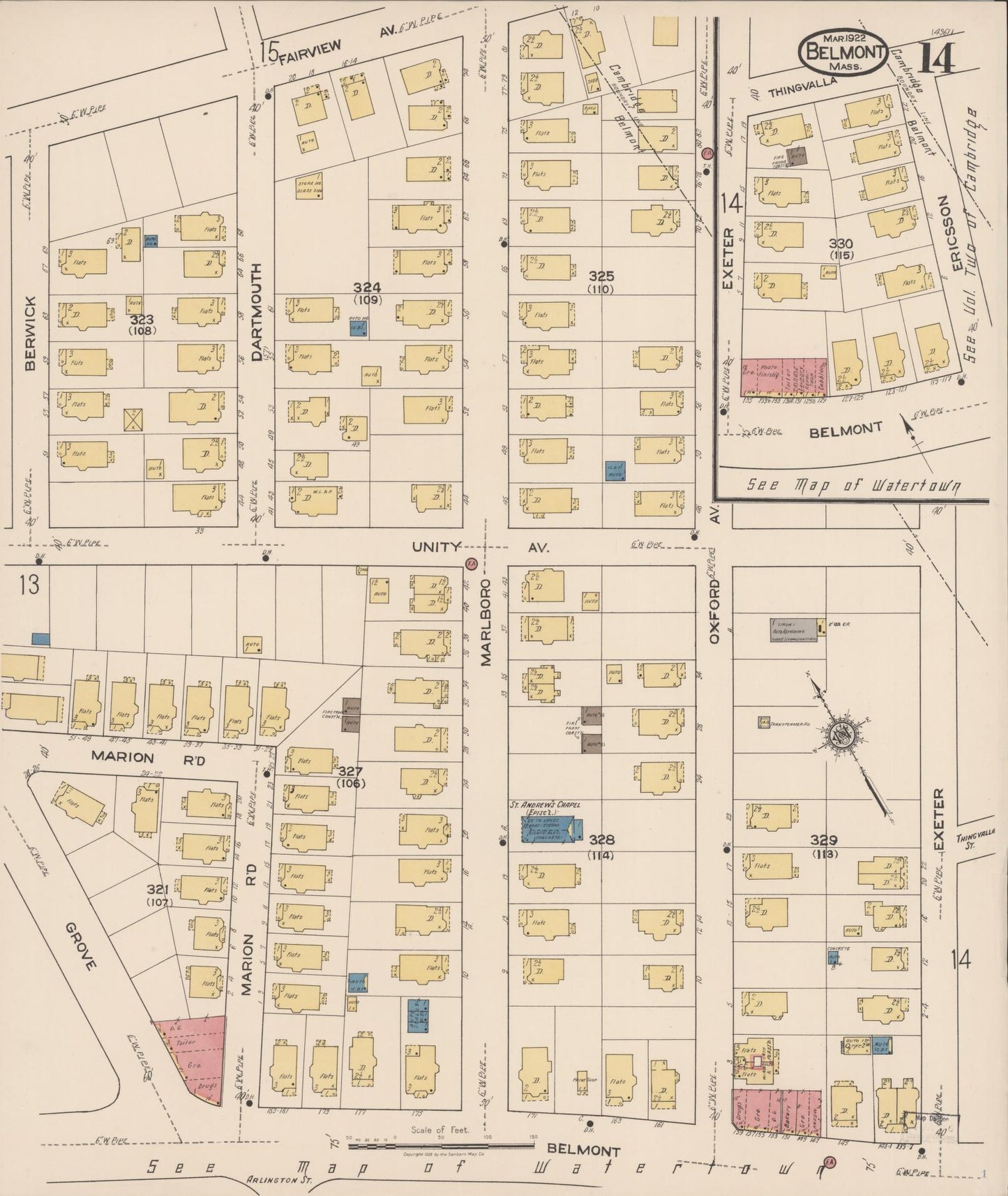 Sanborn Fire Insurance Map from Belmont, Middlesex County, Massachusetts (1922), Sheet #0014 - Complete Map Set gallery image, historic Sanborn map, vintage wall art, Massachusetts Massachusetts