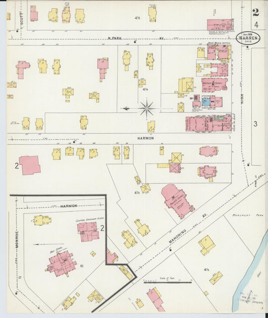 Sanborn Fire Insurance Map from Warren, Trumbull County, Ohio (1898), Sheet #0002 - Historic Sanborn Fire Insurance Map Print, vintage old map wall art, antique decor, genealogy gift, Ohio Ohio map