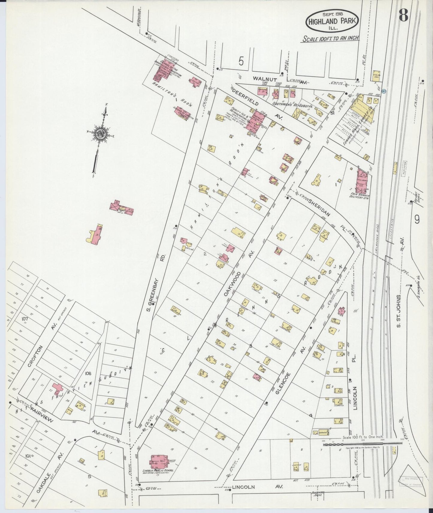 Sanborn Fire Insurance Map from Highland Park, Lake County, Illinois (1918), Sheet #0008 - Complete Map Set gallery image, historic Sanborn map, vintage wall art, Illinois Illinois