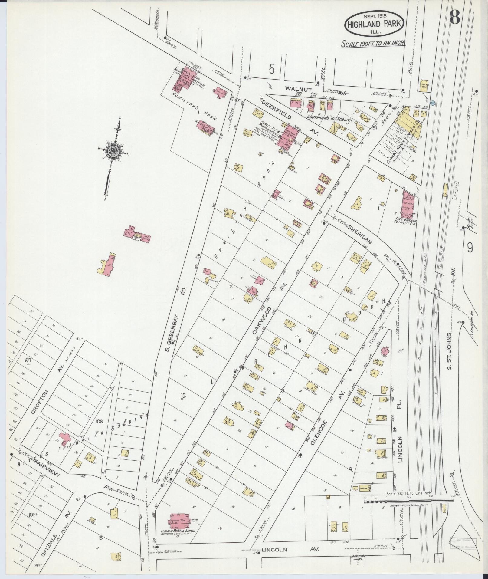 Sanborn Fire Insurance Map from Highland Park, Lake County, Illinois (1918), Sheet #0008 - Complete Map Set gallery image, historic Sanborn map, vintage wall art, Illinois Illinois