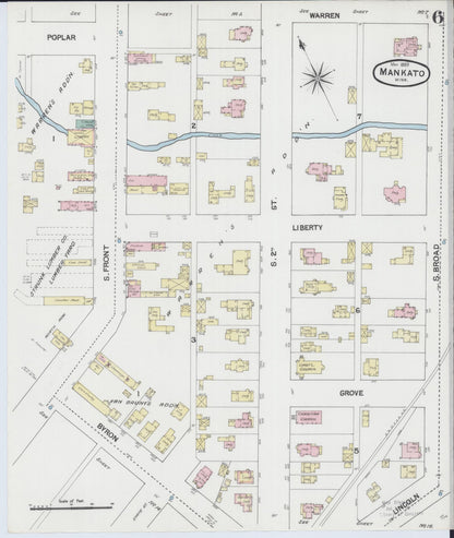 Sanborn Fire Insurance Map from Mankato, Blue Earth County, Minnesota (1889), Sheet #0006 - Historic Sanborn Fire Insurance Map Print, vintage old map wall art, antique decor, genealogy gift, Minnesota Minnesota map