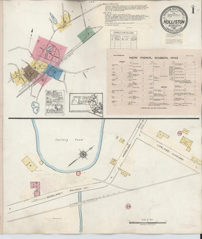 Sanborn Fire Insurance Map from Holliston, Middlesex County, Massachusetts (1942), Sheet #0001 - Historic Sanborn Fire Insurance Map Print, vintage old map wall art, antique decor, genealogy gift, Massachusetts Massachusetts map