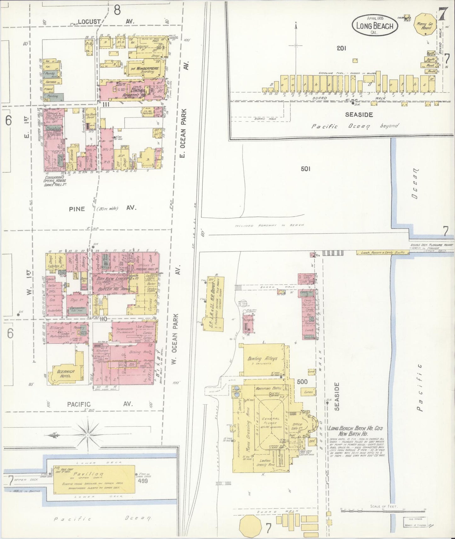 Sanborn Fire Insurance Map from Long Beach, Los Angeles County, California (1905), Sheet #0007 - Historic Sanborn Fire Insurance Map Print, vintage old map wall art, antique decor, genealogy gift, California California map