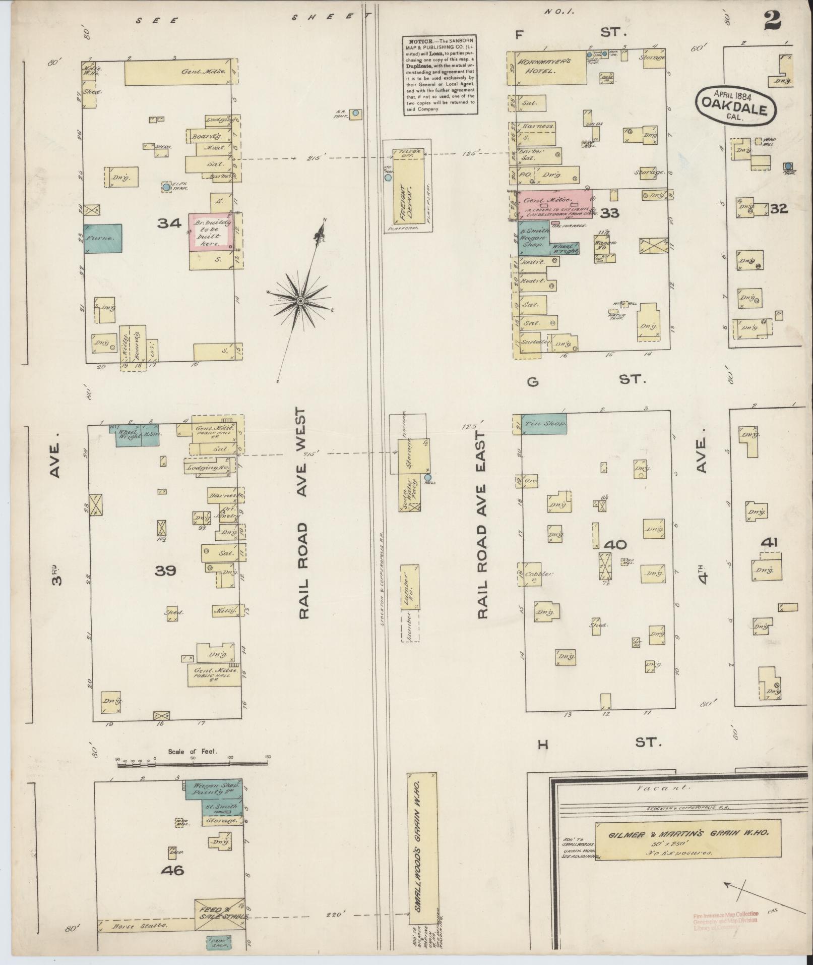 Sanborn Fire Insurance Map from Oakdale, Stanislaus County, California (1884), Sheet #0002 - Complete Map Set gallery image, historic Sanborn map, vintage wall art, California California