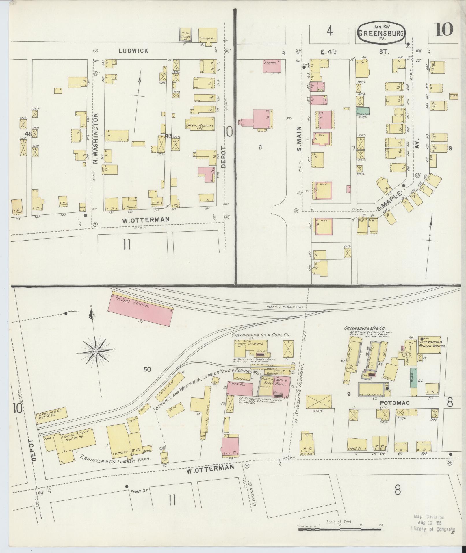 Sanborn Fire Insurance Map from Greensburg, Westmoreland County, Pennsylvania (1897), Sheet #0010 - Historic Sanborn Fire Insurance Map Print, vintage old map wall art, antique decor, genealogy gift, Pennsylvania Pennsylvania map