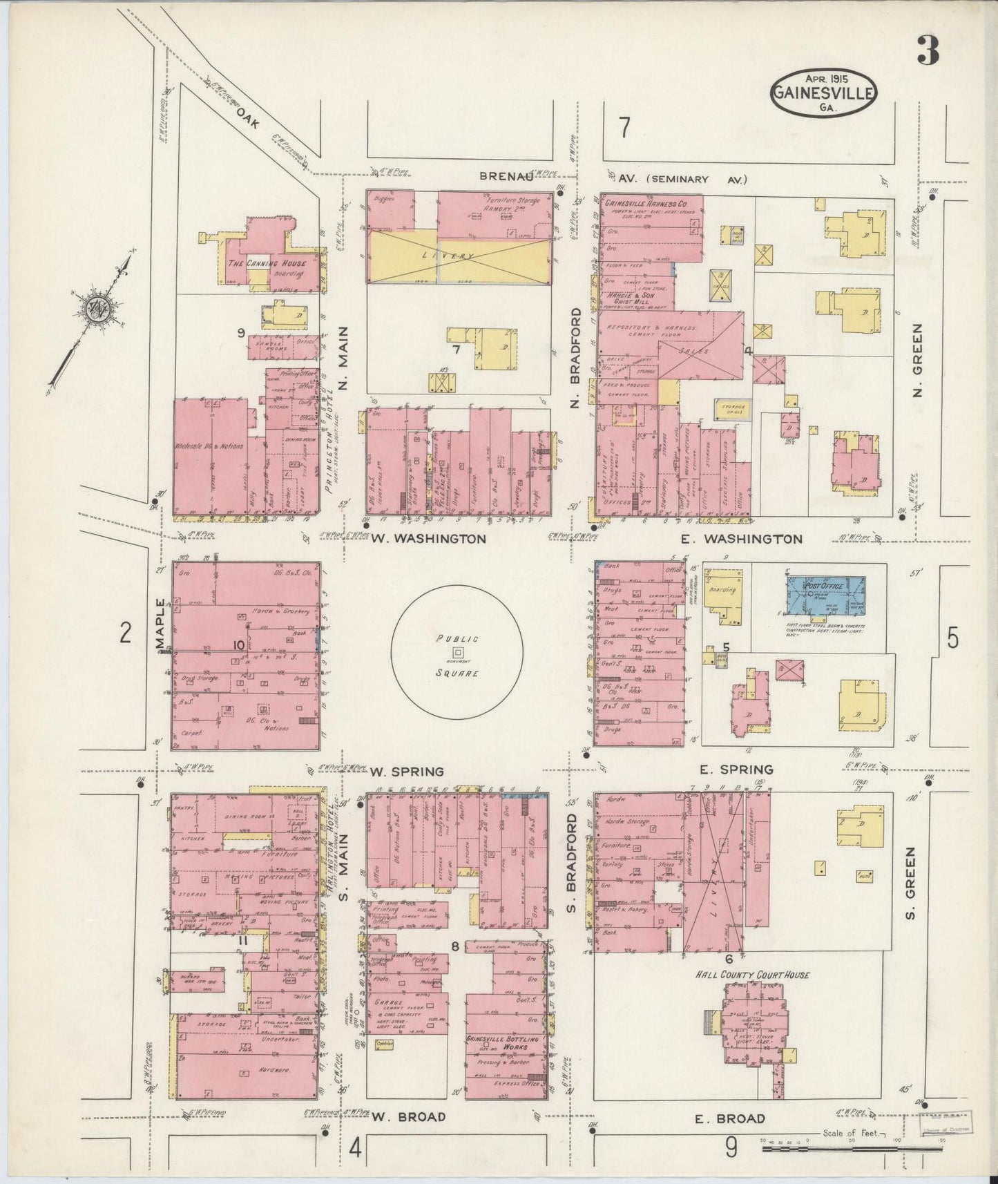 Sanborn Fire Insurance Map from Gainesville, Hall County, Georgia (1915), Sheet #0003 - Historic Sanborn Fire Insurance Map Print, vintage old map wall art, antique decor, genealogy gift, Georgia Georgia map