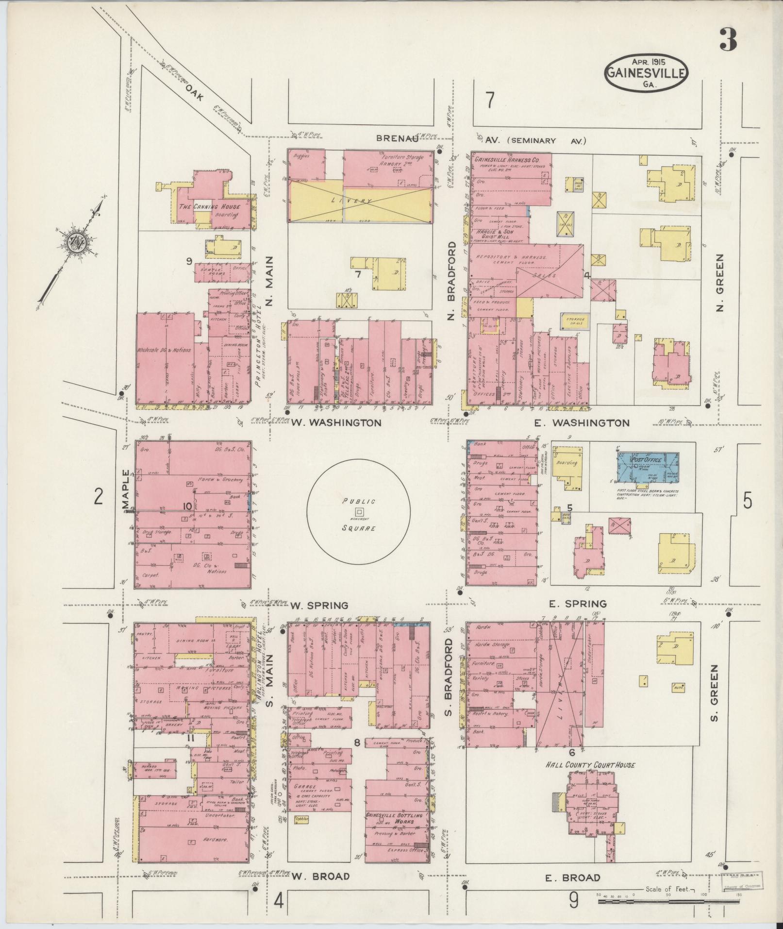 Sanborn Fire Insurance Map from Gainesville, Hall County, Georgia (1915), Sheet #0003 - Historic Sanborn Fire Insurance Map Print, vintage old map wall art, antique decor, genealogy gift, Georgia Georgia map