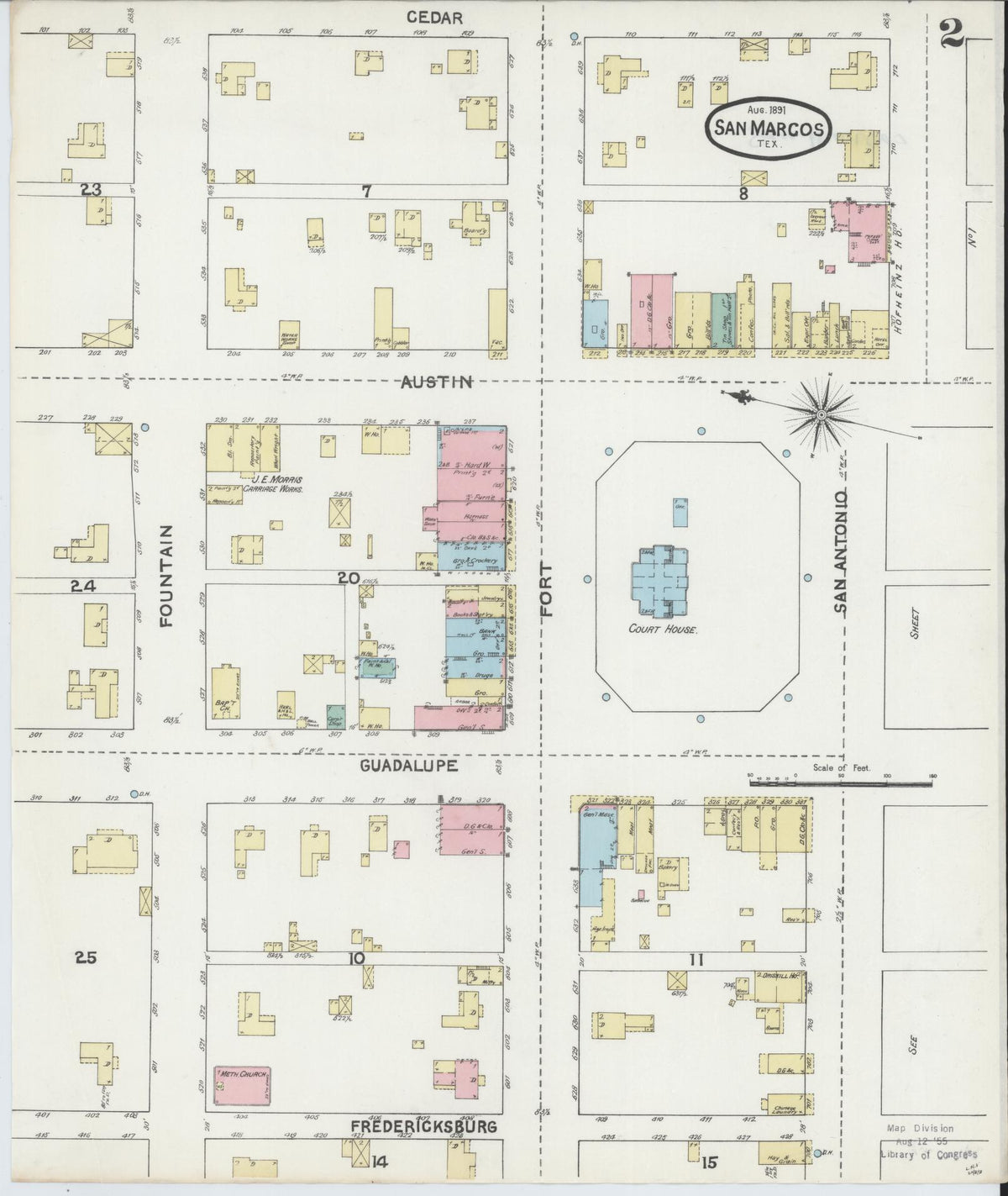 Sanborn Fire Insurance Map from San Marcos, Hays County, Texas (1891), Sheet #0002 - Complete Map Set gallery image, historic Sanborn map, vintage wall art, Texas Texas