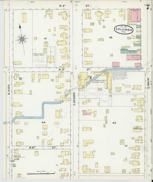 Sanborn Fire Insurance Map from Columbia, Maury County, Tennessee (1891), Sheet #0007 - Historic Sanborn Fire Insurance Map Print, vintage old map wall art, antique decor, genealogy gift, Tennessee Tennessee map