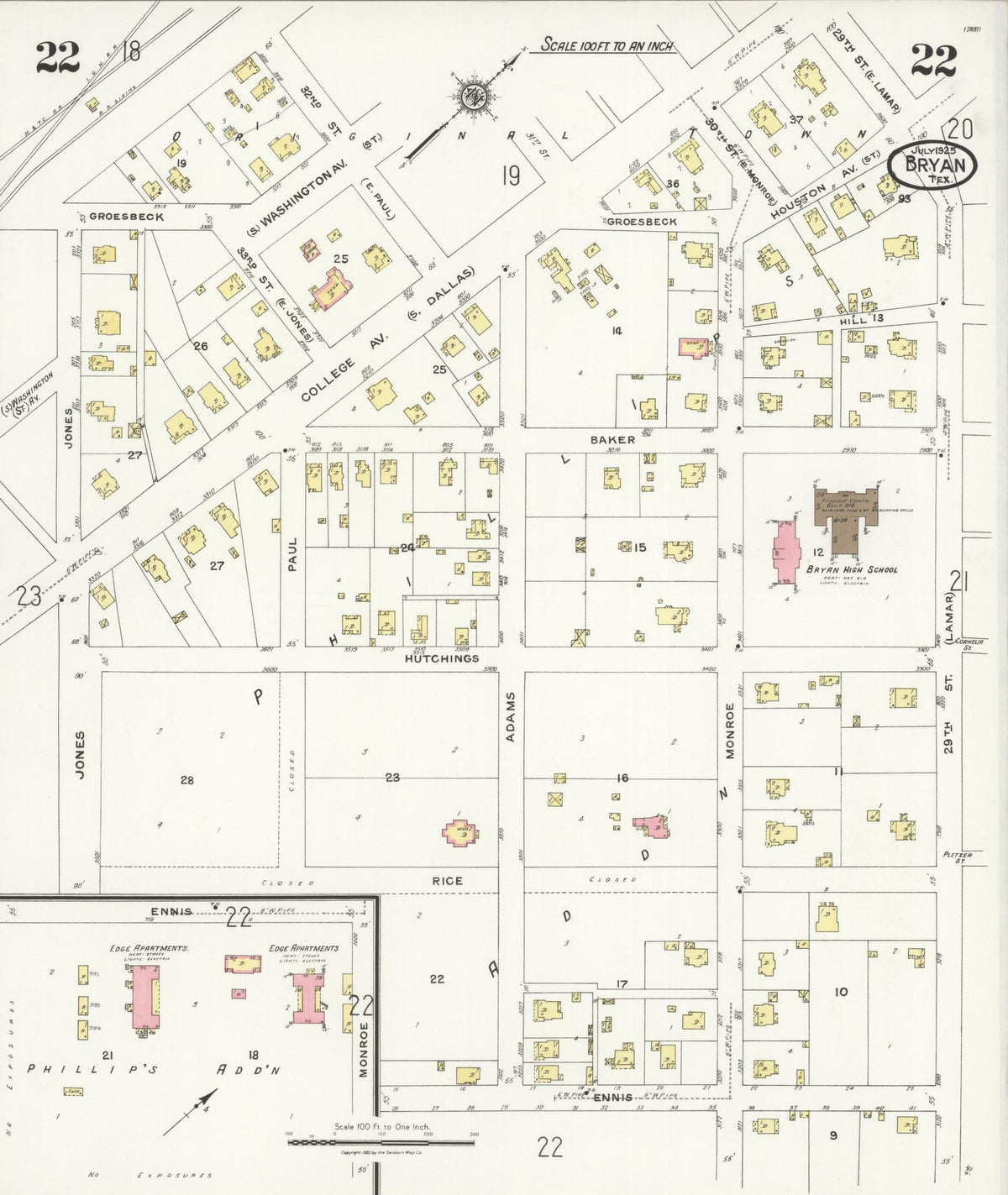Sanborn Fire Insurance Map from Bryan, Brazos County, Texas (1925), Sheet #0022 - Historic Sanborn Fire Insurance Map Print, vintage old map wall art, antique decor, genealogy gift, Texas Texas map
